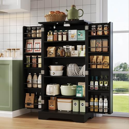 Juabett 120x60x40 cm Küchenschrank hoch mit LED-Sensorlicht & Gewürzregal, Küchenvorratsschrank mit Verstellbaren Regalböden & Türablagen – geeignet für Küche, Esszimmer oder Wohnzimmer,Schwarz