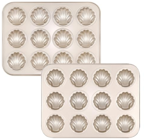 BreadTalk 2 Pack Nonstick Madeleine Pan Set, 12-Cup Commercial Carbon Steel Madeleine Cookies Trays for Oven Baking, Warp Resistant Bakeware Round Shell Shape Cake Pans
