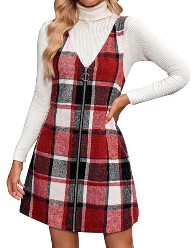 Latzkleid Damen Kariert Kurz Winterkleid Damen Elegant V Ausschnitt Kleid A Linie Reißverschluss Vorne Kleider Ärmellos Latzrock Overallkleid Langarm Herbstkleid Kariertes Damenkleider
