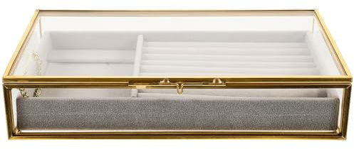 UKCOCO Vintage Schmuckkästchen aus Glas mit Goldenem Rahmen Multifunktionaler Schmuckhalter und Aufbewahrungsbox für Halsketten und Ohrringe Dekorative Schmuckschatulle für Damen