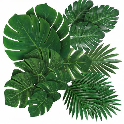 Axafazup 50Pcs Artificial Tropical Palm Leaves, 5 Size Fake Monstera Leaves