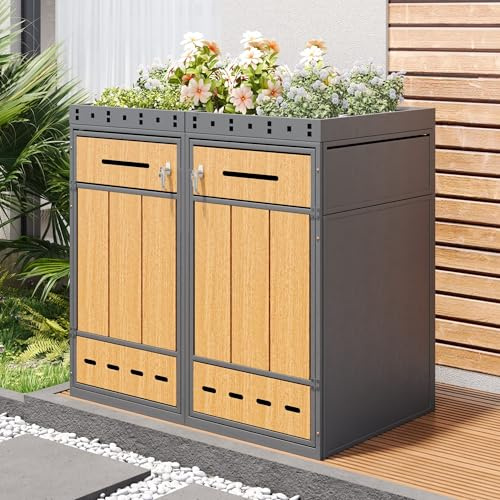 RAPRAP Boîte à poubelles 2-places avec toit végétal, abri pour poubelles pour 2x poubelles de 120 et 240 litres, habillage pour poubelles armoire à poubelles,2 bin