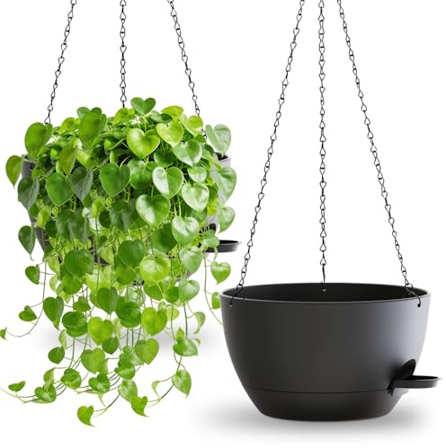 SQOKHT 30.48cm Hanging Planters for Indoor Outdoor Plants, 2 Pack Plastic Self Watering Hanging Baskets with Drainage Holes and Chain for Garden Porch (Black)