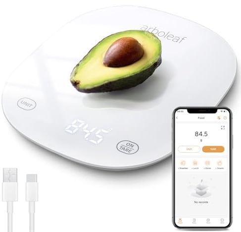 arboleaf Küchenwaage digital mit App 10kg/0,5g Kalorien Waage USB aufladbar | Lebensmittelwaage mit Kaloriendatenanalyse, Essenwaage mit LED-Anzeige & Tara-Funktion