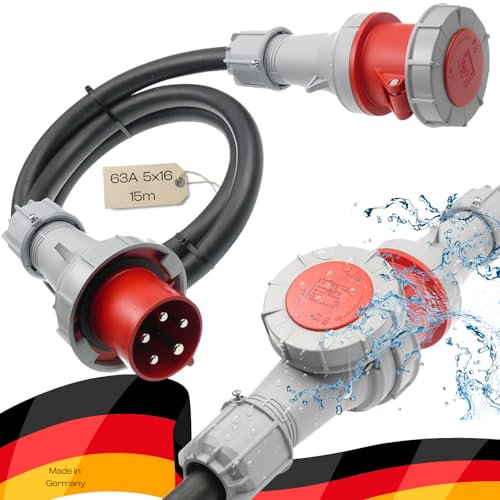maxgo CEE-Verlängerungskabel Starkstromkabel Kraftstromkabel Verlängerungsleitung 15 Meter Gummileitung H07RN-F 5x16mm² 63A PCE Wasserdicht IP67 für Außenbereich 15m