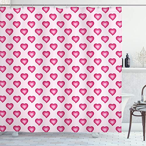 ABAKUHAUS Herzen Duschvorhang, Herz-Cartoon, Stoffliches Gewebe Badezimmerdekorationsset mit Haken, 175 x 180 cm, Magenta Pale Pink