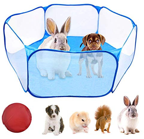 WEONE Haustier Laufställe für Kleintiere, Tragbarer Laufstall für drinnen und draußen, Transparenter Pop up Haustier-Übungszaun für Meerschweinchen, Kaninchen, Hamster, Chinchillas und Igel (Blau)