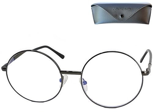 Hippie Runde Blaufilter Brille Lesebrille mit Große Gläser, Etui, Anti Blaulicht Brille Stil 60er Jahre aus Metall (Graphit), Blaulichtfilter Brille Damen und Herren +1.0 Dioptrien