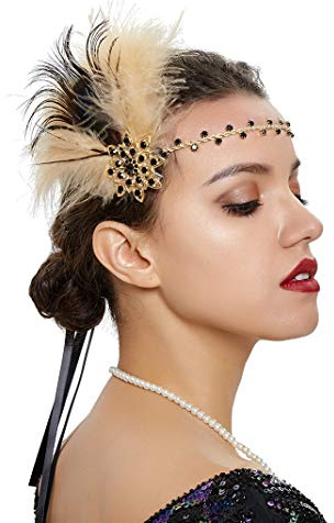 Roaring 20s Great Gatsby Kopfschmuck für Frauen Art Deco 1920er Jahre Flapper Stirnband Feder, A-Gold, Einheitsgröße