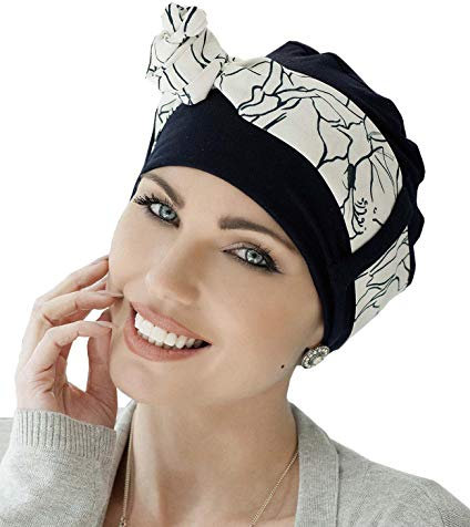 MASUMI Yanna - Couvre-chef contre le cancer pour femme souffrant de perte de cheveux chimio | Turban de tête en bambou | Coiffure pour femmes atteintes d'alopécie, Lillium bleu marine et blanc, Taille