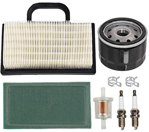 Carkio Air Filter Pre-Filter Oil Fuel Filter Spark Plug Kit Compatible with John Deere D140 D130 L120 Z425 X130R X135R X165 L118 LA135 MIU11286 GY20575 Briggs & Stratton 499486 499486S Lawn Mower