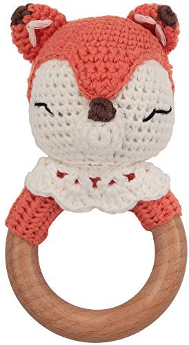 OLGS Beißring gehäkelte Tiere Löwe mit intigrierter Babyrassel, Greifling Spielzeug Beißring | Geschenk zur Geburt für Baby & Kinder Junge/Mädchen (Fuchs)
