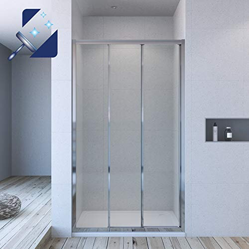 AQUABATOS® 120x195cm Duschtür Nische 3 teilige Schiebetür Dusche ohne Seitenteil Dreiteilige Gleittür Nischenschiebetür Duschwand Glas Nischentür 6mm klarglas Easy-clean Lotus effekt Beschichtung