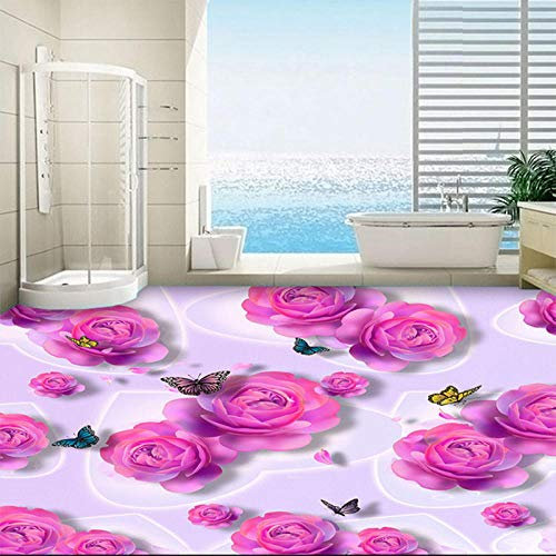 Custom 3D Floor Tiles Wallpaper Romantic Pink Rose Flowers Butterfly Fashion Murals Sticker Bedroom Bathroom PVC Floor Wallpaper-350 * 245cm
