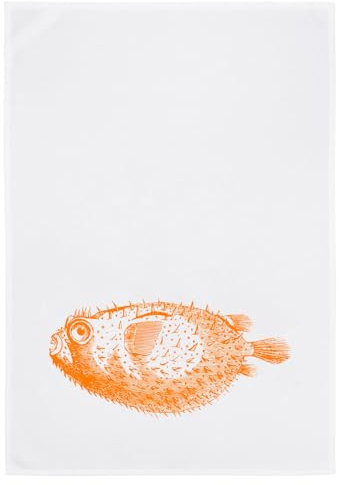 Geschirrtuch, 100% Baumwolle, Weiß mit Kugelfisch, umweltfreundlich, Neon-orange, 50x70 cm