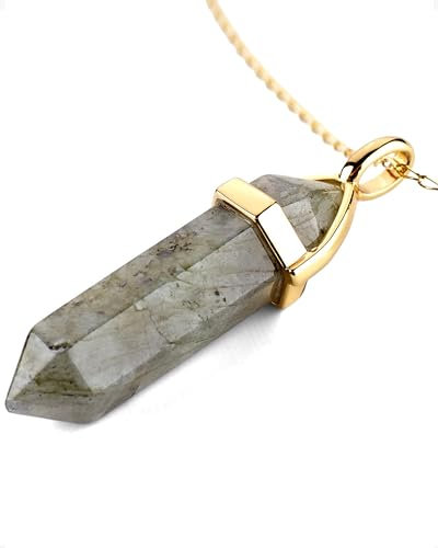 LAVISA Obelisk Edelsteinkette Gold, Anhänger, echte Kristall kette, Halskette, Rosenquarz, Amethyst, Naturstein - 55 + 5 cm (Labradorit)