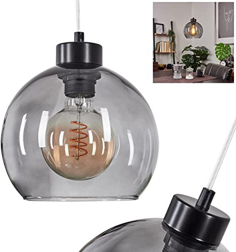 Hängeleuchte Andeer, moderne Hängelampe aus Metall/Glas in Schwarz/Rauchfarben, Pendelleuchte mit Schirm aus Echtglas/Rauchglas (Ø 20 cm), Höhe max. 115 cm, 1-flammig, 1 x E27, ohne Leuchtmittel