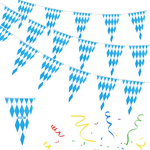 Oktoberfest Deko Wimpel Girlande 30M Bayrische Dekoration Bayern Wimpelkette Bayerisch Wiesn Blau-Weiß Dreieck Banner für Party(3 Stück), 22 x 13 x 3 cm, 22 x 13 x 3 cm