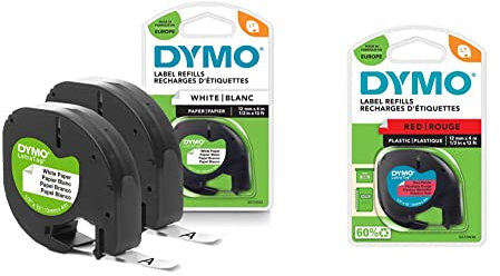 DYMO Original LetraTag Papier Etikettenband | schwarz auf weiß | 12 mm x 4 m | selbstklebendes Schriftband | 2 Etikettenkassetten & Original LetraTag Etikettenband | schwarz auf rot | 12 mm x 4 m