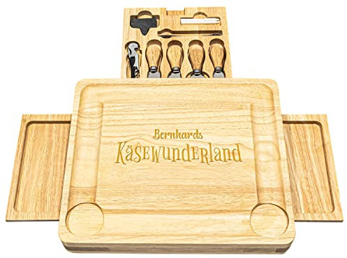 Geschenke 24 | Käse-Servierbrett personalisiert mit Gravur | mit Wunschname, Wunschdatum und Motiv (Käse-Wunderland) | Schneidbrett | Holzbrett mit Zubehör und Schalen
