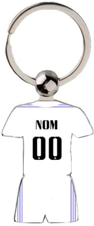 Porte-clés maillot football personnalisé – Style Real Madrid domicile 2022/2023 – Métal argenté – Nom & numéro – Cadeau supporter – Maillot + short