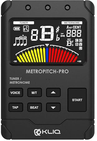 KLIQ Music Gear MetroPitch-PRO – Wiederaufladbares Metronom Stimmgerät für alle Instrumente – mit Gitarre, Bass, Violine, Ukulele und chromatischen Stimmmodi – Tongenerator – kabelgebundener Sensor
