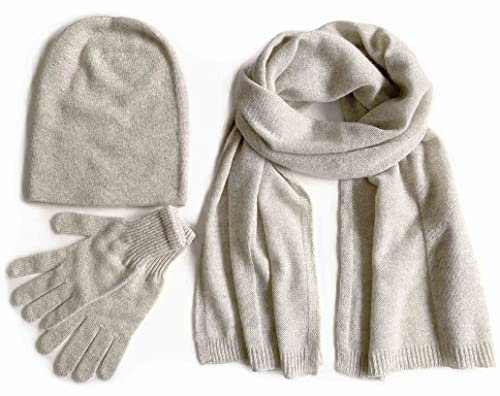Damen-Set aus 100% reinem Kaschmir, Schal und Handschuhe, passende Beanie-Mütze, 3-teiliges Set, 3-in-1-Winter-Strick-Set, Outdoor-Ski-Sport-Geschenk, einfarbig, warm, Oat, One size