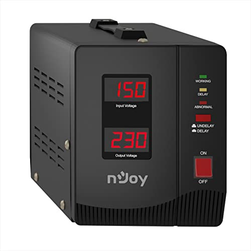 NJOY Alvis 2000 Stabilizzatore di Tensione 2000VA AVR 1200W Monofase - Display Digitale - 2 Uscite Schuko - 1200 Watt - Dispositivo di Protezione di Tensione 230V