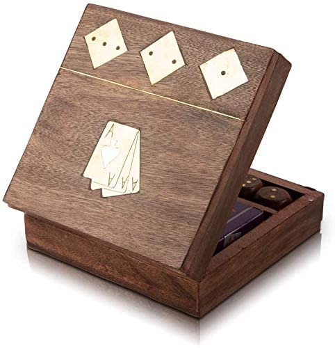 Idee regalo di compleanno uniche artigianale classico in legno porta carte da gioco Deck Box Organizer con dadi e confezione singola di carte da gioco Ace di alta qualità, regali per lui e lei