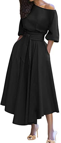 Strandkleid Damen Rockabilly Kleider Damen Kleid Winter Damen Schräge Schulterkragen Halben Ärmeln Einfarbig Maxikleid mit Gürtel Partykleid mit Tasche Strandkleid (XL, Schwarz)