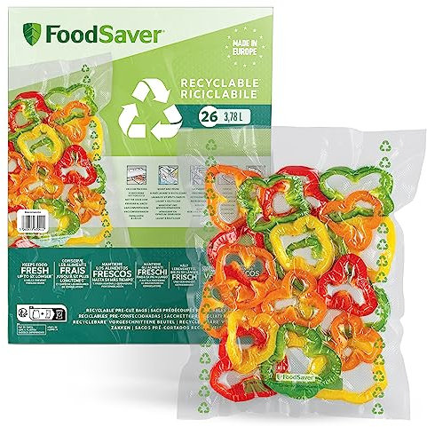 FoodSaver bolsas de envasado al vacío |Reciclables y reutilizables |Mantiene los alimentos frescos hasta 5 veces más tiempo | Sin BPA |26 bolsas para congelar y cocer a fuego lento (28cm×35 cm; 3,78l)