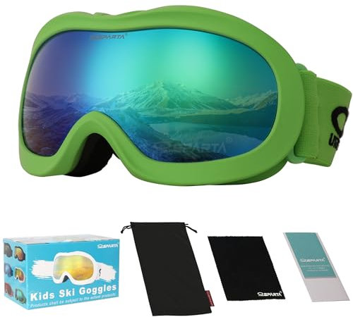 OUTDOORSPARTA Gafas de esquí para niños, gafas de esquí para niños, adecuadas para niños y niñas de 3 a 14 años (5. Marco verde, espejo de lente completa)