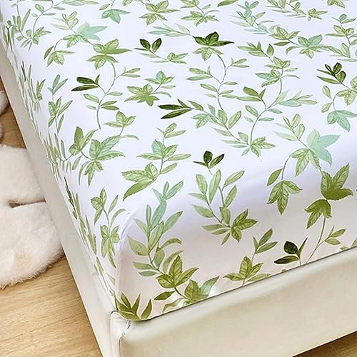 Mateju Spannbettlaken aus Mikrofaser mit Blumendruck für Einzelbett und Doppelbett, Weiche Bequem Spannbetttuch für Boxspringbett, Tiefe Tasche für bis 25 cm Matraze (90x200cm,Grüne Blätter)