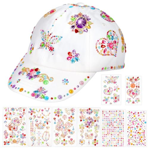 Landifor DIY Baseballkappe Bastelset Kinder Kappen Baseball Caps Baseballcap Sport Baseballmütze mit Edelstein Aufklebern Sonnenhut Weiß Kappe Selbst Gestalten Weihnachten Geschenke für Mädchen