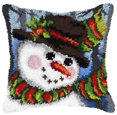 ROCKY&CHAO Christmas Snowman Latch Hook Kits for Adults 43X43CM, Snowman Latch Hook Pillow Case Kits Embroidery Kits, DIY Needlework Pillow Cover Cushion Rug Making Kit, DIY Craft Kit for Women