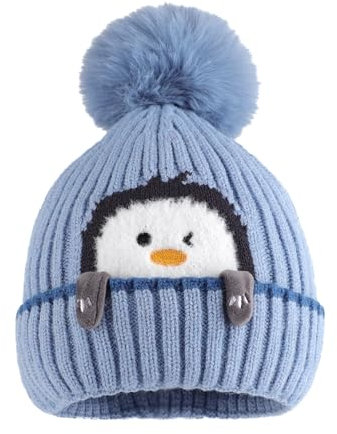 MASOCIO Wintermütze Baby Mütze Junge Mädchen Winter Herbst Warme Kinder Babymütze mit Bommel Kindermützen Strickmütze 2 Fleece Beanie Hat 1-3 Jahr Blau