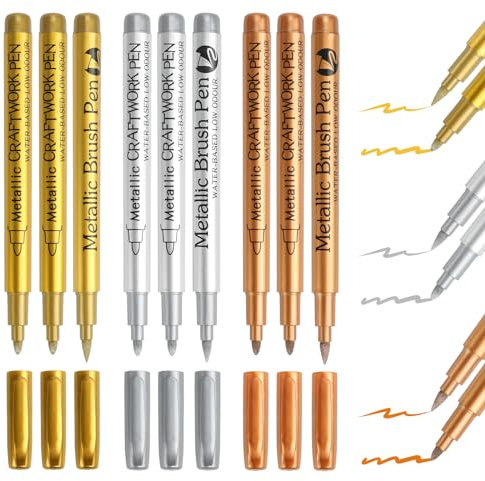 PEAKTOP 9PCS Metallic Marker Pens, Gold Silver Permanent Marker Pen, Acrylic Paint Makers Pens, Gold Silver Glitter Pen, Waterproof Metallic Pens for Card, Painting, DIY Albums, Scrapbooking, Rock