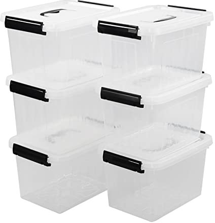 Afromy 6 Pack 6L Storage Box with Handle, Storage Container Bin with Click Closure and Lid, Stackable Transparent Organizer