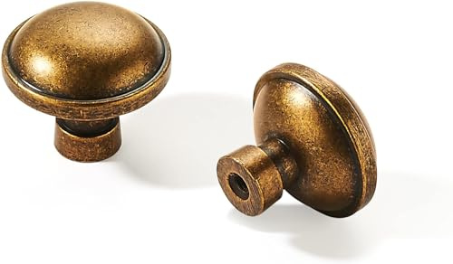 Khtume Schrankknäufe aus antikem Messing, massiv, rund, Vintage-Stil, 3,8 cm, Antik-Optik, Antik-Optik, 2 Stück