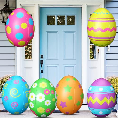 Jetec Aufblasbare Ostereier-Dekorationen, 40,6 cm, buntes Osterei, aufblasbares Spielzeug, Kinder, Spielzeug, Eier, Ornamente für drinnen und draußen, aufblasbar, Hof, Gartenparty (niedlich), 6 Stück