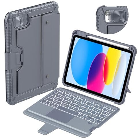 Nillkin for iPad 10th Generation 10.9 inch(2022) Case with Detachable Keyboard, Slide Camera Cover,7 Backlight Colors, Precise Trackpad, Compatible with iPad 10th Generation 10.9inch,Gray