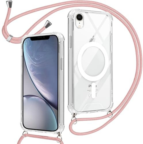 Oelrstfe Magnetische Handykette mit Band für iPhone XR Hülle, Necklace Handyhülle Transparente TPU Silikon Magnetisch Kabellosem Laden Schutzhülle Bumper Cover für iPhone XR,Rose-Gold