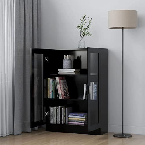 Homgoday Vitrina de Cristal con 3 Compartimentos 2 Puertas, Vitrina Salón, Mueble de Salón, Aparador Comedor, Aparador Cocina Vitrina de Madera ingeniería Negro 82,5x30,5x115 cm