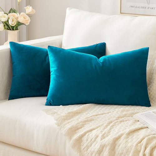 Slozzi 2er Set Samt Kissenbezüge Haushalt Dekokissen Dekorative Kissenhülle Weich Sofakissen für Sofa Schlafzimmer Wohnzimmer 30x50 cm Blau