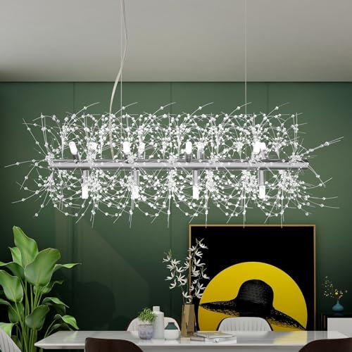 Depuley Modern Kronleuchter Kristall, 90cm Pendelleuchte Chrom, LED Kristall Hängelampe Feuerwerk, Löwenzahn Pendellampe 12xG9 Lichter für Esszimmer, Schlafzimmer, Restaurant(Inklusive G9 Glühbirnen)