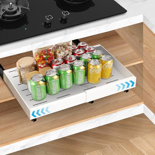 Bearrerp Tiroir Coulissant Cuisine,organisateur d'armoire coulissante en acier au carbone,largeur de tiroir réglable 32-52 cm,tiroirs dans l'armoire de cuisine,pas de perçage,clouage,requis (blanc)