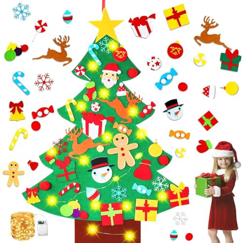 Albero di Natale in Feltro, Albero di Natale in Feltro Fai-da-Te per Bambini con 36PCS Ornamenti Staccabili, Feltro Albero Natale Appendere Decorazione per Casa Porta, Muro