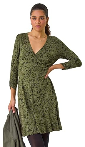 Roman Originals Wrap Tea Dress for Women UK Ladies Fit Flare Skater Swing Stretch Frill Long & Short Sleeve Evening Cocktail Party Work Office Smart Casual Knee Length - Khaki - Size 20