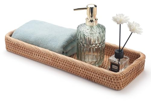 Vassoio Rattan da Bagno, Cestino da Bagno per Asciugamani, Vassoio Decorativo per Organizzazione (Naturale, 41.5 x 15.5 x 5 cm)
