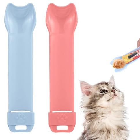 Thinp 2 Pcs Cat Strip Feeder Spoons for Wet Food - Multi-Functional Cat Feeder for Liquid Snack - Food Storage (Red,Blue)